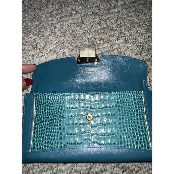 Lovecat Teal Leather  Wallet Faux Croc Embossed Card Slots Large EUC - Picture 2 of 4